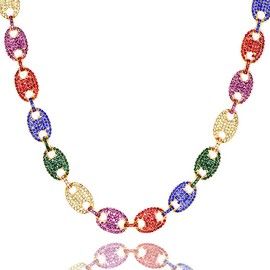 Apzzic 13mm Iced Out Miami Cuban Link Coffee Bean Chain Gold Plated Rainbow Multicolor Lab Diamond Full CZ Choker Necklace for Men Women Gold Colorful 20Inch