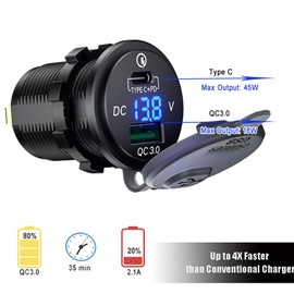 Car USB Socket QC 3.0 36W 12V Car Power Outlet Waterproof Double Car Charger Socket with LED Voltmeter for Marine, Boat, Motorcycle, RV, ATV, Truck (Green)