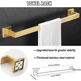 BOZWELL 5 Pieces Brushed Gold Bathroom Accessories Set 23.6 inch Stainless Steel Towel Bar Set Wall Mounted Square Bathroom Accessories Kit Bathroom Hanger 1501-TG-5-60
