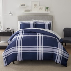 Serta Simply Clean Jax Soft 5 Piece Plaid Bed in A Bag Complete Bedding Comforter Set with Sheets and Pillow Case for All Season, Twin XL, Blue