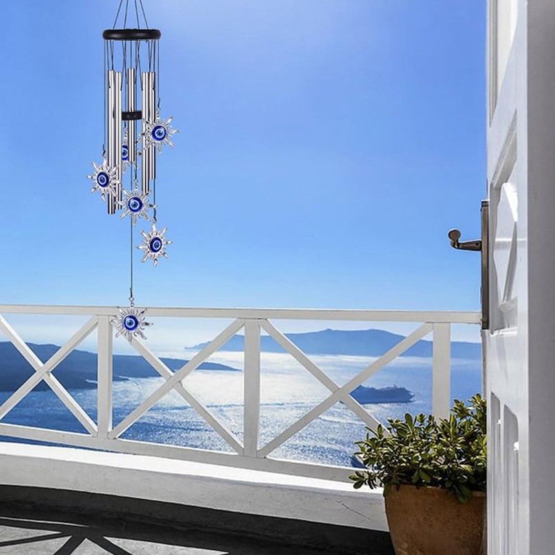 Blue Evil Eye Heart Wind Chimes, Metal Tubes Hanging Ornaments,