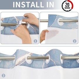 RiePoiia No Hook Shower Curtain with Snap in Fabric Liner Set, Blue Marble Modern Hotel Style Shower Curtain for Bathroom with Top Sheer Window, 71"X74"