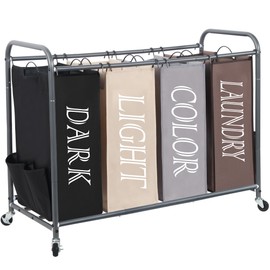 STORAGE MANIAC Laundry Sorter 4 Section, 47.8 Gal (181 L) Laundry Hamper with Wheels, Clothes Divider Basket Sorter, Clothes Separator Hamper Cart with Wheels and Removable Bags, Multicolored