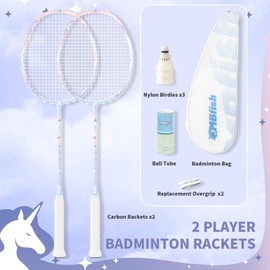 MBFISH Badminton Racket Set with 2 Carbon Fiber Rackets, 3 Shuttlecocks, 2 Replacement Racket Grip Tapes and 1 Badminton Bag - Perfect for Beginners & Outdoor Games 4U Unicorn 2P