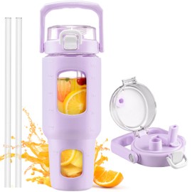 BLUEGO 40oz Glass Tumbler with Lid and Straw, Glass Water Bottles with Handle, Glass Cup with Time Marker and Silicone Sleeve, Fits Most Cup Holder, Leak-proof, Purple