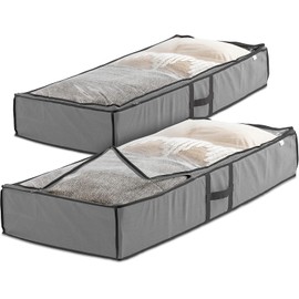 Verahaus Underbed Storage - Pack of 2 Foldable Storage Box for Bedding Storage, Clothes, Blankets, Winter Clothing, & Shoes - Clothes Storage Bags with Zips, Handle, & Clear Top (Grey)