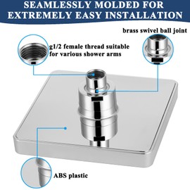 Eolax High Pressure Rain Showerhead, 6-Inch Square Fixed Showerhead with Swivel Ball Adjustable Angle Replacement Showerhead, Chrome Finish, Easy Installation