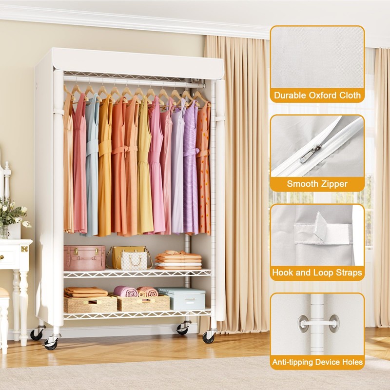 ULIFHOME P6C Rolling Clothes Rack with Cover, Covered Clothing Racks