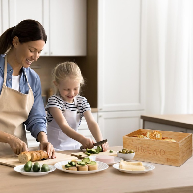 Jasvelly Bamboo Bread Bin with Chopping Board Lid and Linen