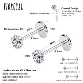 FIOROYAL G2 Titanium Lip Piercing 16G 20G Nose Piercing Threadless Push In Medusa Piercing 3 mm CZ Opal Flat Piercing Ear 6/8 mm Helix Piercings Silver Helix Conch Labret Tragus Piercing Plug,