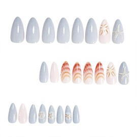 24PCS Ocean Theme Press On Nails - 3D Blue White Starfish & Seashell False Nails with Glue & File, Perfect for Summer Beach Party & Daily Wear