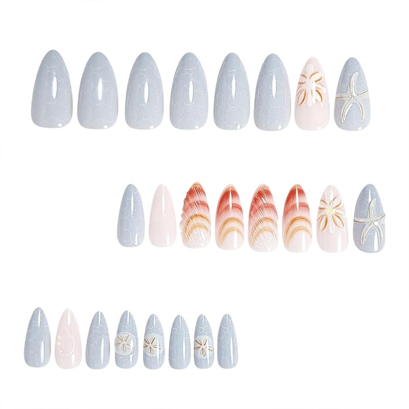24PCS Ocean Theme Press On Nails - 3D Blue White