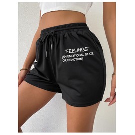 SOLY HUX Women's Letter Graphic Drawstring Elastic Waist Casual Summer Sweat Shorts Black Letter Large