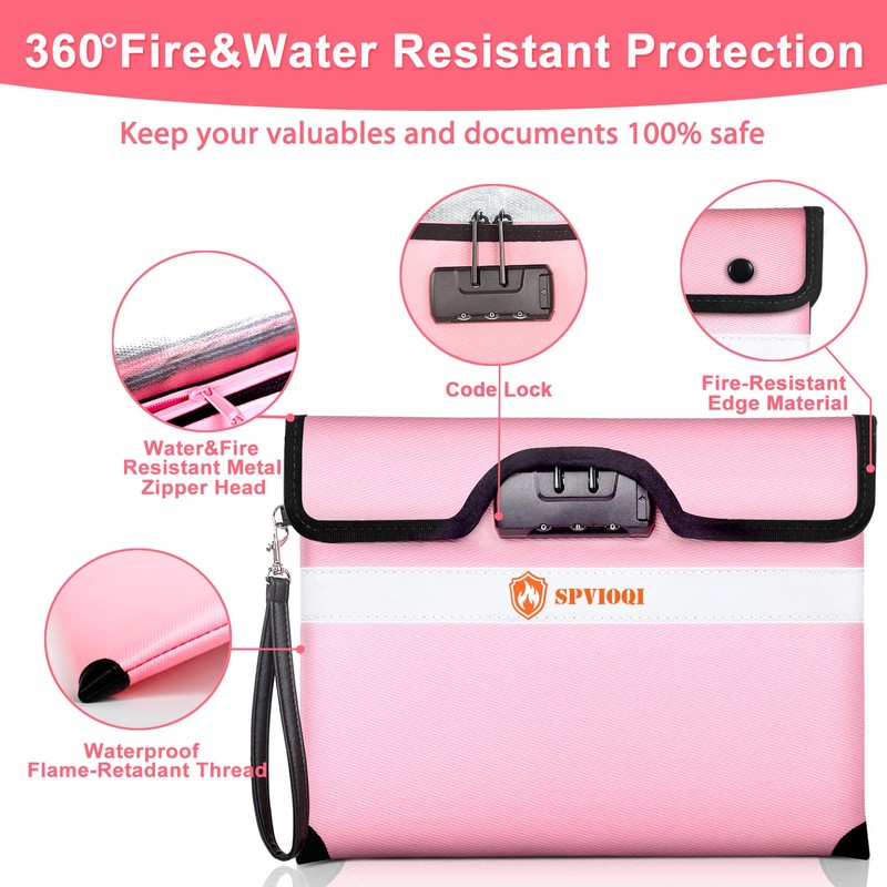 SPVIOQI 6500°F Fireproof Document Bag with Lock, Pink, Unisex-Adults, Clutch,