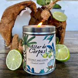 Altar de Corpus Scented Candle – Luxury 14 Oz Soy Candle for Aromatherapy, Stress Relief & Home Decor – 40-Hour Burn – Strong Scent – Ideal for Relaxation & Gifts (Coconut & Lemon)