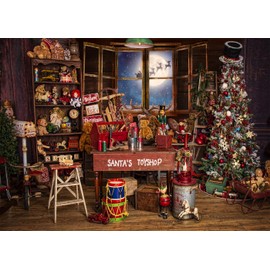 OUYIDA 9x6Ft Christmas Santa's Toy Shop Backdrop Vintage Cottage Wooden Window Xmas Tree Gifts Decor Snow Night Store Photography Background Banner Photo Studio Booth
