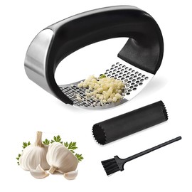 Maven Gifts Garlic Press Rocker, Stainless Steel Garlic Mincer Tool, Easy-Squeeze Garlic Tool with Peeler and Cleaning Brush for Smashing Garlic