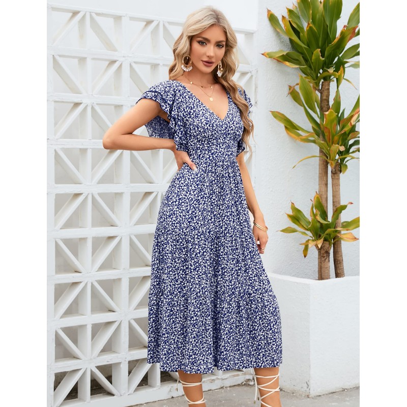 MURMUREY Women 2023 Summer Casual Floral Print Short Flutter Sleeve