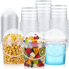 30 Pack 34 oz Clear Plastic Cups with Dome Lids No Hole, Jumbo Disposable Dessert Bowls Buckets with Handles for Fruit Salads Popcorn Parfait Cupcake Bakery Catering Party Supplies