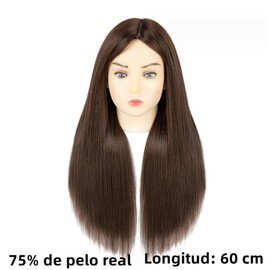 PUBAMALL Cabeza de maniquí con 75% de cabello real, Para el entrenamiento de peluquería (Marrón)