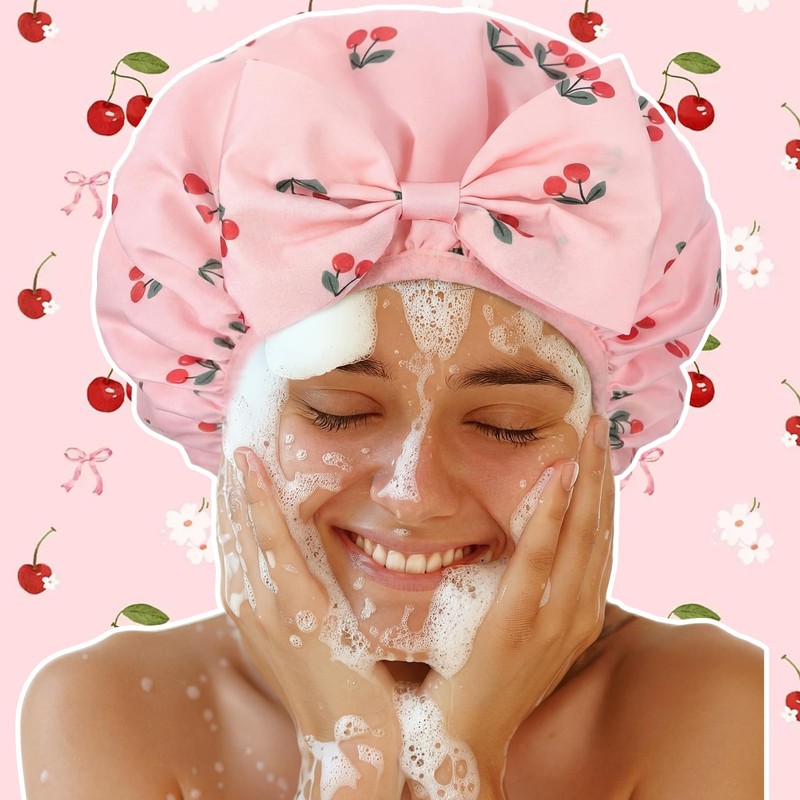 Cherry Shower Cap for Women Terry Lined Shower Cap