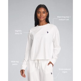 U.S. Polo Assn. Lounge Sets for Women, Pajama Sets for Women 2 Piece with PJ Top and Wide Leg Sweatpants (White, X-Large)