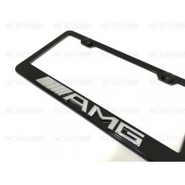 License Plate Frame 1pc 3D AMGEmblem Badge BLACK Stainless Metal License Plate Frame Holder w/s.caps