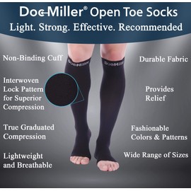 Doc Miller Calcetines de compresión de punta abierta para mujeres y hombres, calcetines de compresión sin dedos para mujeres, venas varicosas, 1 par negro hasta la rodilla, XXXXXL, 20-30mmHg
