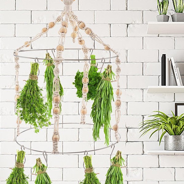 ZUDKSUY Double Hanging Drying Rack with 15 Hooks Hand-Woven Hanging