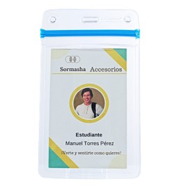 Sormasha Porta Gafete o Credencial, PVC Alta Transparencia Calibre S30 Mod. SOPV-9190, Cremallera Azul. 12 Piezas