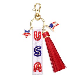 PHALIN 4th of July Keychain for Women Beaded American Flag USA Star Key Rings 4th of July Accessories Patriotic Outfits Gifts (USA B)