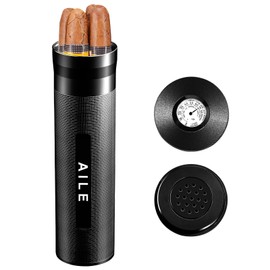 AILE Cigar Stainless Steel humidor Silver Travel Cigar case Tube for 3 to 4 Cigars, Portable Cigar case, Cigar Hygrometer, Great Gift for Lover(Black)