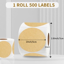 Thermal Labels,2 Inch Kraft Paper Color Round Thermal Printer Stickers,Self-Adhesive Round Direct Thermal Labels,Thermal Stickers for DIY Logo Design,Name Tag (500/Roll