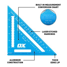 OX Professional 7 Inch Aluminum Framing Square - Rust-Proof Carpenter Square with Laser-Etched Markings - Metal Speed Square for Woodworking - Rafter Square Tool - Escuadra De Carpintero