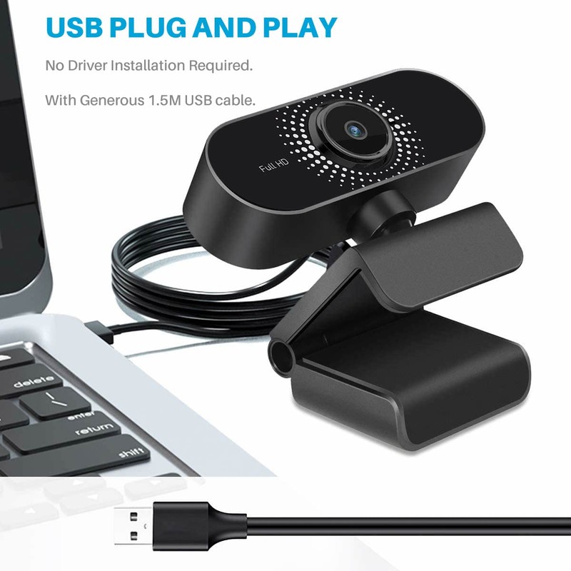 Full HD 1080P Webcam With Microphone, Privacy Cover, USB Computer