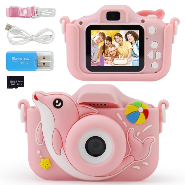 Kids Camera, Camera for Kids, Toddler Camera, 1080P HD Selfie Digital Video Camera with 64GB SD Card, Best Christmas Birthday Gifts for 6 7 8 9 10 11 12 Years Old Girls