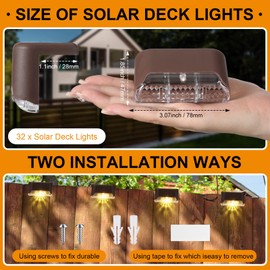 Geelin 32 Pcs Solar Deck Lights Outdoor, Waterproof LED Solar Step Fence Lights for Stairs, Step, Railing, Patio, Driveway, Garden, Pathway and Yard(Brown Shell Warm White Light)