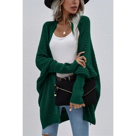 Basicspace Women's Open Front Cardigan Women's Long Waffle Casual Lightweight Loose Bat Long Sleeve Plus Size Knit Cardigan Soft Outerwear, dark green
