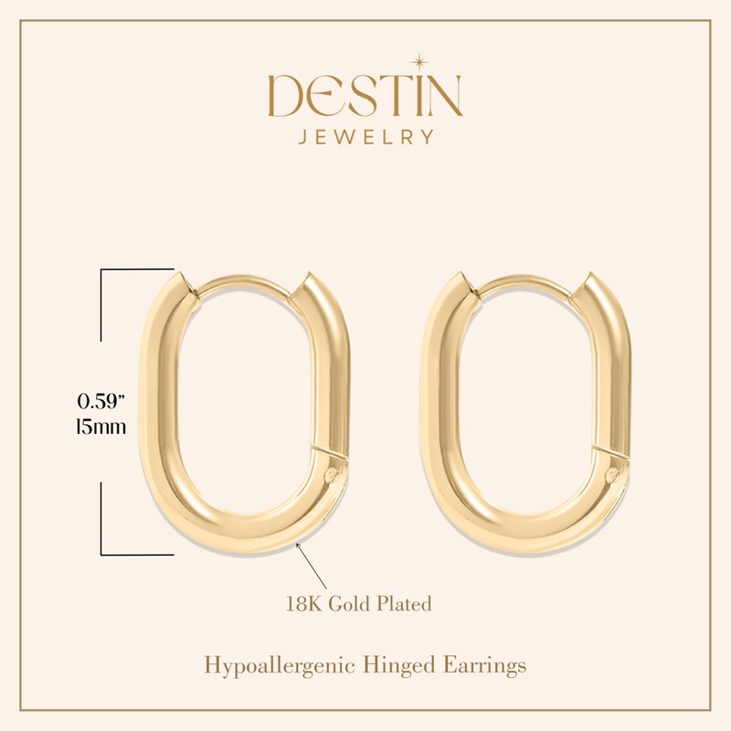 18K Gold Plated Stainless Steel Large Oval Water-Resistant Stackable Huggie