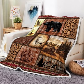 Rustic Cabin Throw Blankets, Forest Bear Deer Wildlife Country Lodge Cozy Warm Bed Couch Blanket, Hunting Camping Animal White Fleece Flannel Throws to Decorate Room and Bedroom