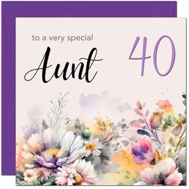 40th Aunt Birthday Card - Purple Floral Aunty Aunties Birthday Card for 40 Year old forty, fortieth