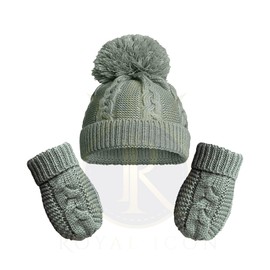 Royal Icon Baby Knitted Pom Pom Hat with Mittens Baby Boys Girls Winter Hat Mittens Set Cable Knit Single Pom Pom Bubble Hat NB-12 Months RI6512 (Sage Green)
