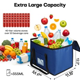 Cool Bag Heavy Duty Grocery Shopping Bag 40L Large Insulated Cooler Foldable Reusable Cooling Bags with Smooth Zippers for Picnic, Food Delivery, Camping, BBQ, Shopping, Fishing, Family Auto Travel