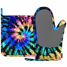 Mxocom Tie Dye Heat-Resistant Oven Mitts and Pot Holder Hand Drawn Rainbow Shibori Ink Textured Batik Iridescent Kitchen Non-Slip Cooking Microwave Gloves for Cooking Baking Grilling