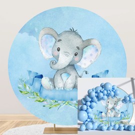 OERJU 7.2x7.2ft Blue Elephant Round Backdrop Watercolor Cartoon Elephant Baby Shower Photography Background Circle Backdrop Cover for Baby Boy Birthday Gender Reveal Party Decoration Photo Booth Prop