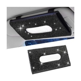 Sandfren Bling Car Tissue Holder for Sun Visor, Crystal Rhinestone Leather Vehicle Paper Towel Case, Glitter Diamond Auto Napkin Clip Accessories for Women, Universal for SUV, RV, Truck (Black)