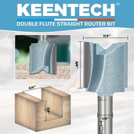 KEENTECH Carbide Tipped Double Flute Straight Router Bit 3Pcs, 1/4 Inch Shank Router Bit with Heat Resistance Coating 3/4" Dia. Cutting Depth 3/4" for Woodworking Grooving, Dadoing, Edge Profiling