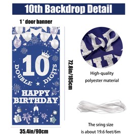 10th Birthday Decorations Door Banner, Blue Double Digits Happy 10th Birthday Backdrop Banners, Large Size Porch Background for Boys Girls, 10 Years Old Poster Photo Props Party Supplies(185x90cm)