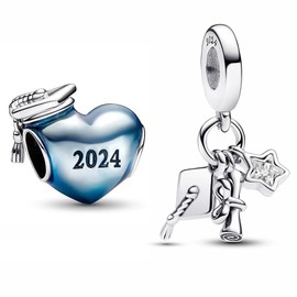 MSPOVOF Blue Graduation Heart & Triple Dangle Charms Bead for Bracelets and Necklaces 925 Sterling Silver Women's Graduation Jewelry Gifts 2 Piece/Package