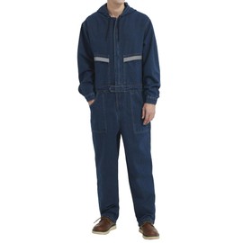 Yukirtiq Mens Denim Work Coveralls with Hood Heavy Duty Work Jumpsuit Loose Fit Coverall Hi Viz Mechanic Jeans Overalls, Blue, S